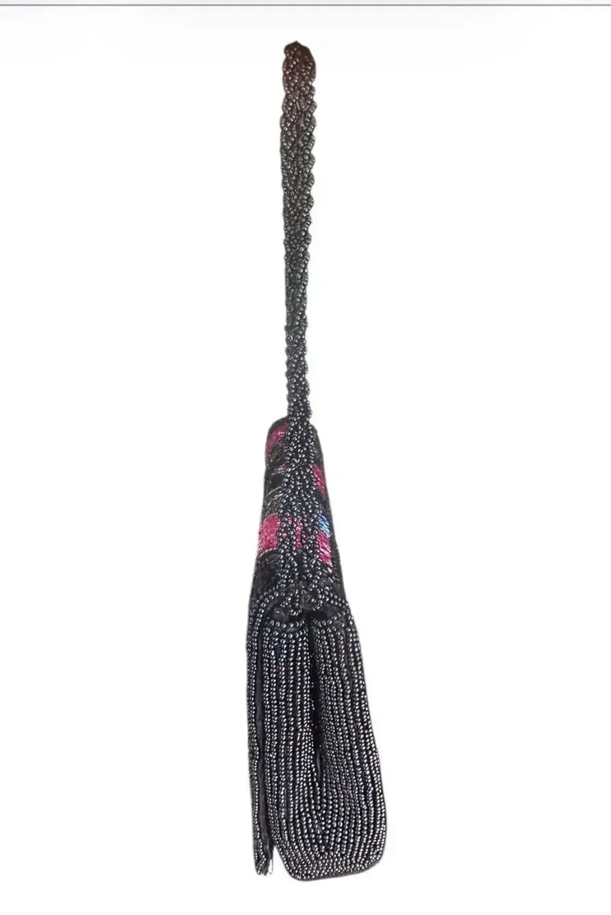Vintage Hand-Beaded Multi-Color Floral Pattern Evening Clutch with Braided Strap